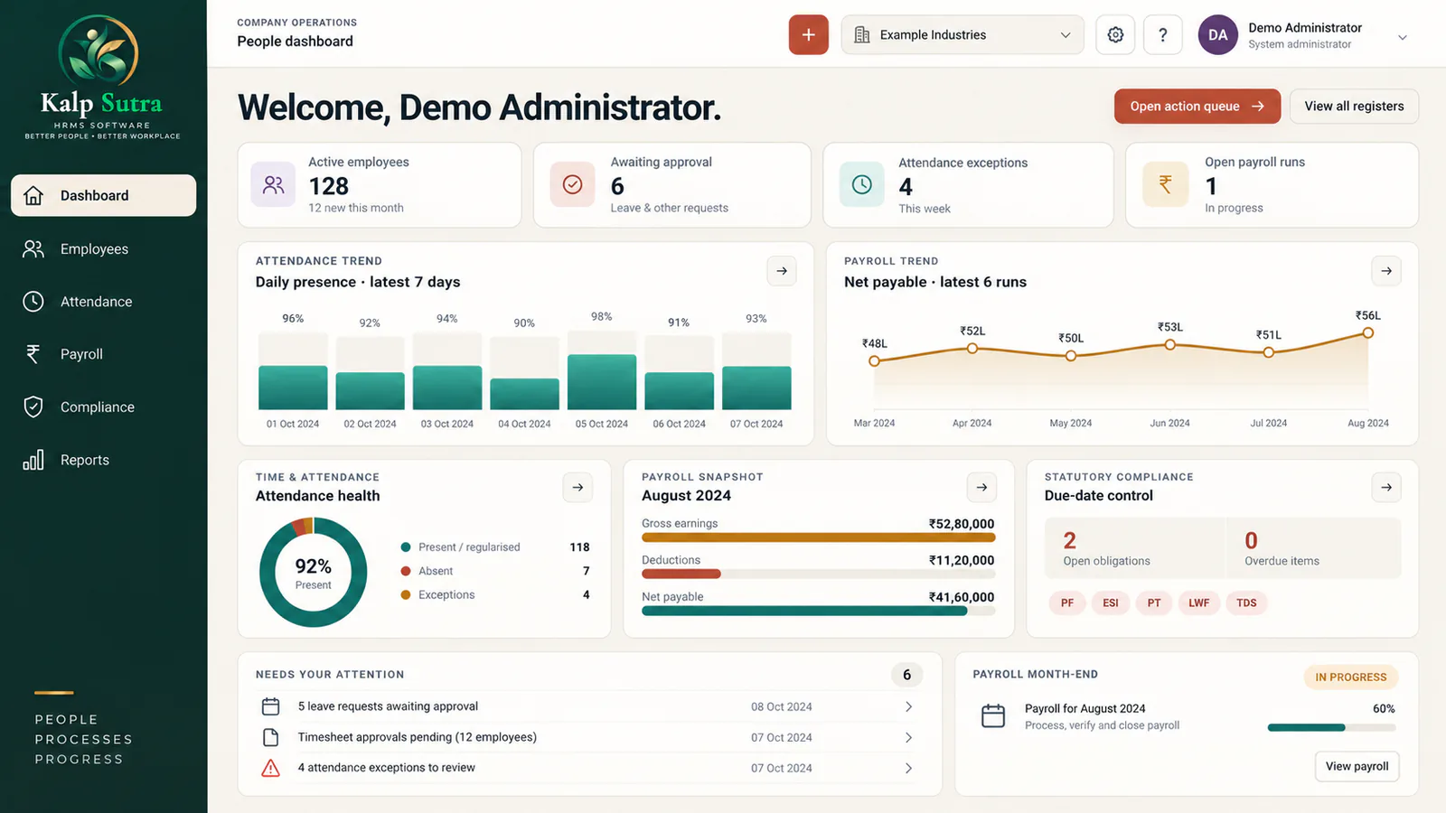 KalpSutra HR, attendance, payroll, and compliance dashboard demonstration