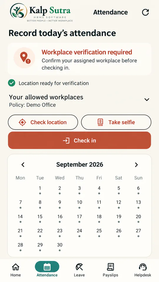 KalpSutra mobile attendance demonstration without personal location data