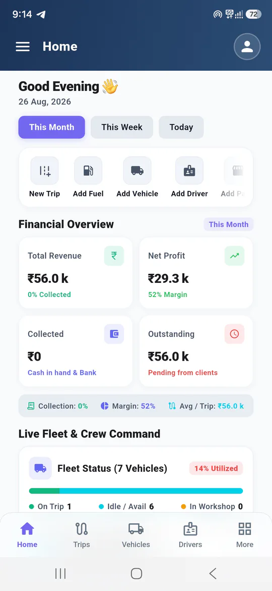 Lorrify mobile home screen showing financial overview and live fleet status