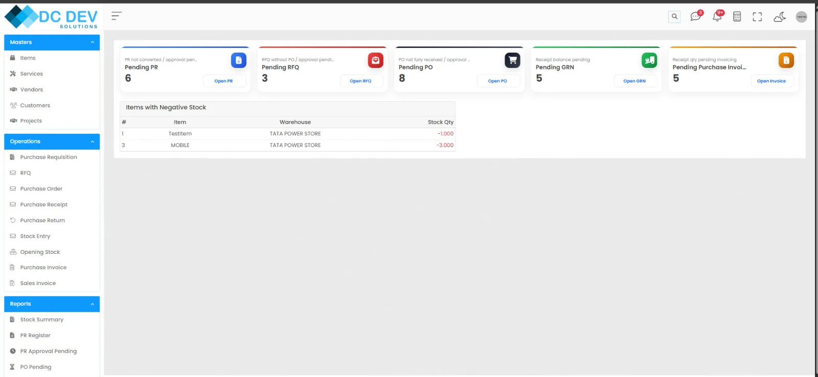 Procurement System product dashboard screenshot