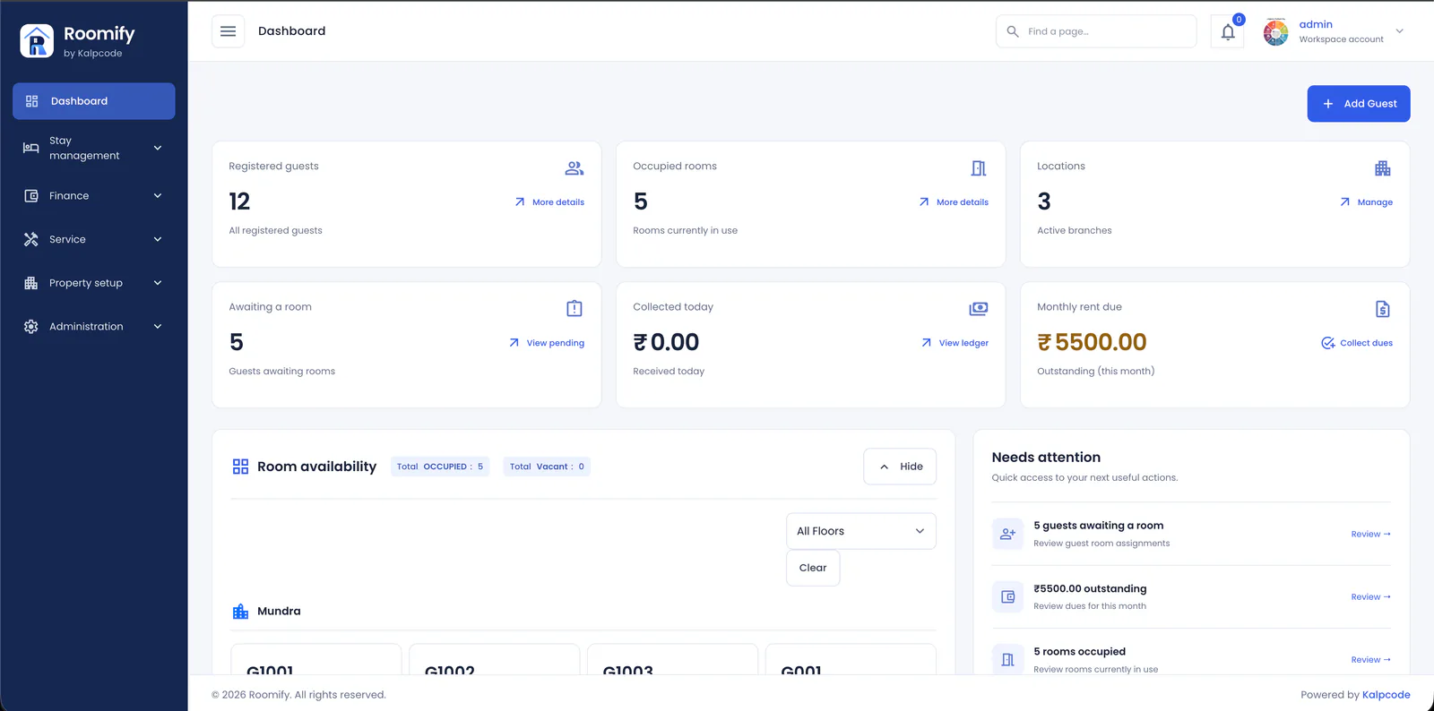 Roomify product dashboard screenshot